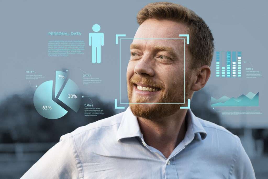 a human face with pie charts